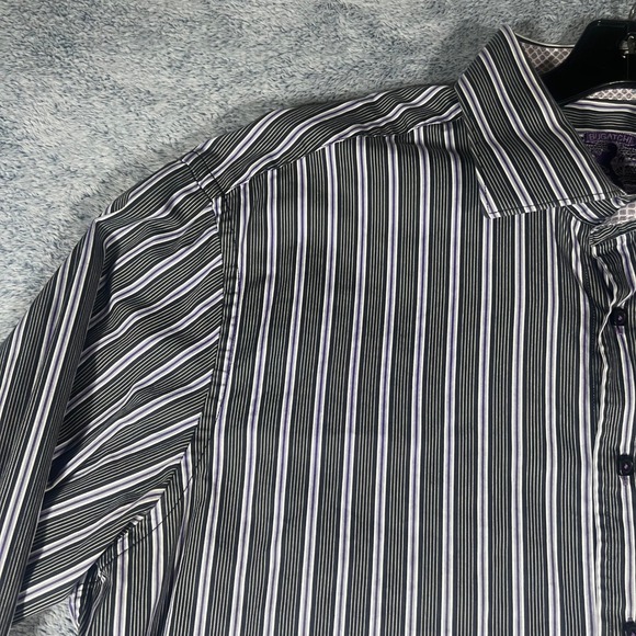 Bugatchi Uomo Mens Shaped Fit Button Down Shirt Black Purple Striped Long Sleeve - Picture 3 of 16
